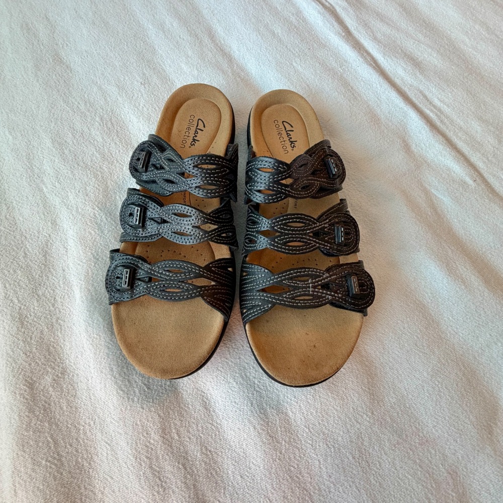 Clarks Collection Leisa Janna Black Leather Slide Sandals Womens 8.5 M - Picture 2 of 7